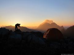 Sunrise in the mountains near tent